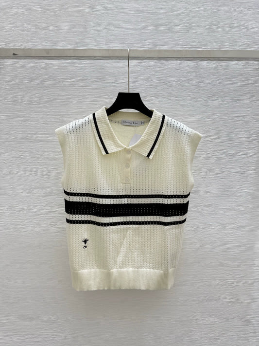 D 25 New Bee Embroidery Clashing Stripe Collar Sleeveless Knit Tank Top