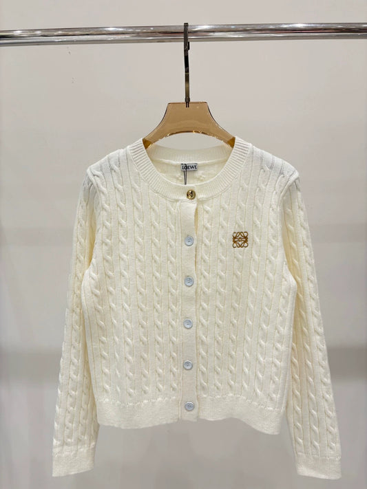 LO 25 new twist embroidery pattern contrast color metal button long sleeve knitted cardigan
