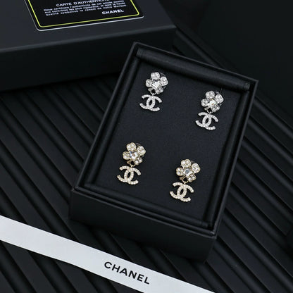 25 New Crystal Star Full Diamond Four-Leaf Clover Double C Pendant Earrings