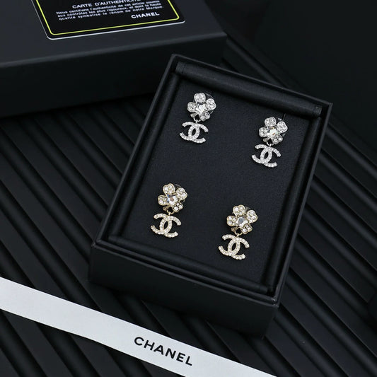 25 New Crystal Star Full Diamond Four-Leaf Clover Double C Pendant Earrings