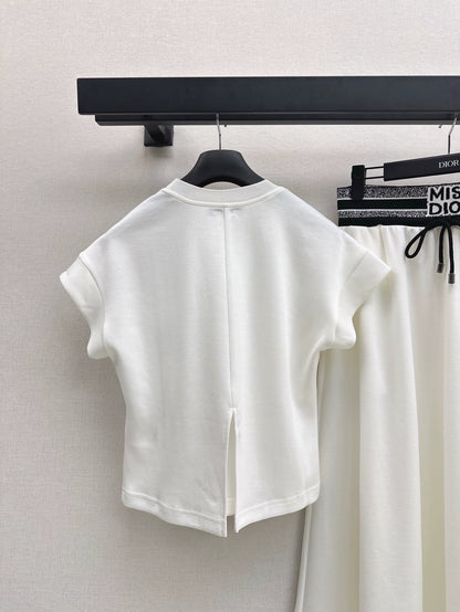 D 25 Round Neck Back Split Short Sleeve Top + Elastic Waist Half Skirt Set