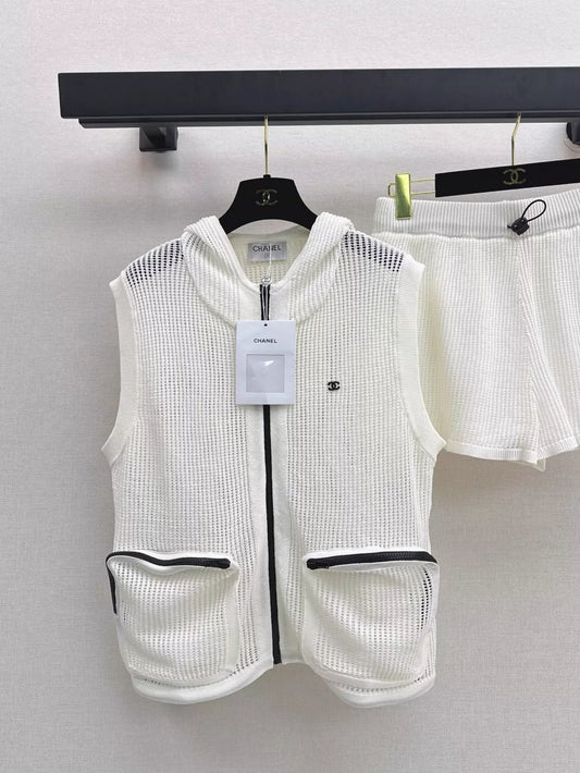 C 25 Early Spring Latest Knit Sets Cutout Hooded Vest + Shorts