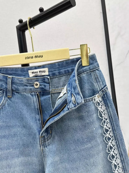M 25 Splicing, water-soluble embroidered edges, rhinestone jeans