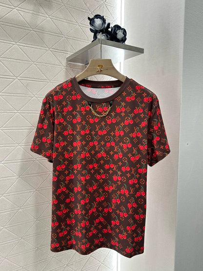 L 25 Vibrant Cherry Print Round Neck Short Sleeve T-Shirt