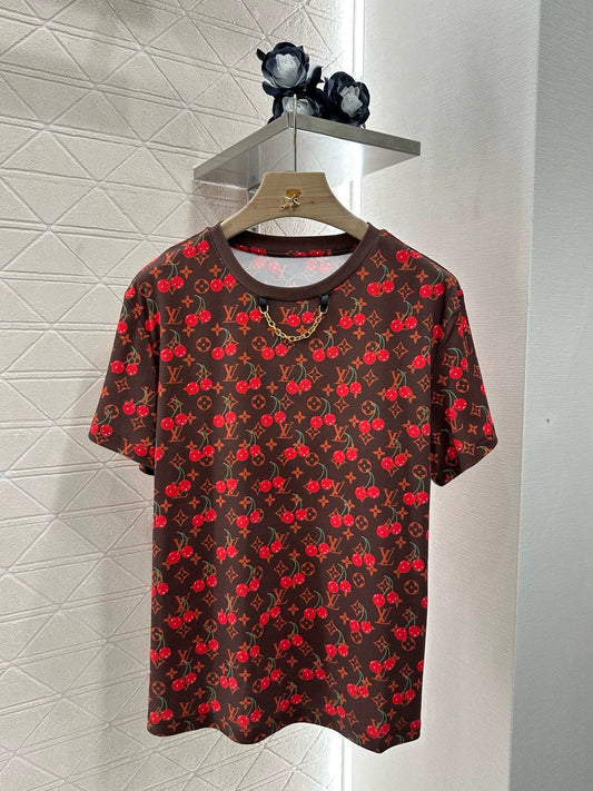 L 25 Vibrant Cherry Print Round Neck Short Sleeve T-Shirt