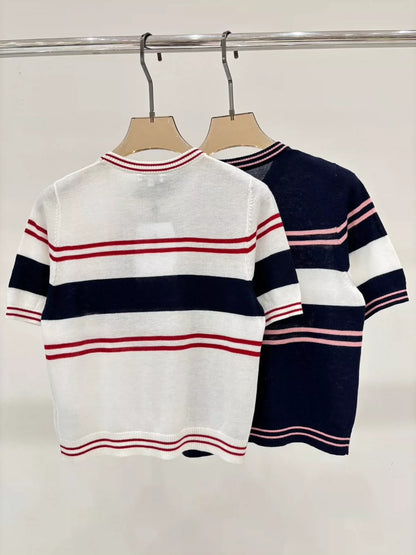 C 25 Summer new round neck letter jacquard striped color matching casual knitted short sleeves