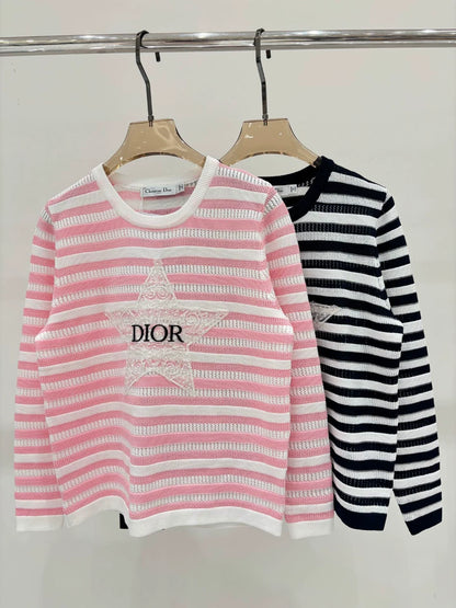 D 25 Spring and Summer New Round Neck Letter Star Embroidery Jacquard Stripe Contrast Color Knitted Long Sleeve