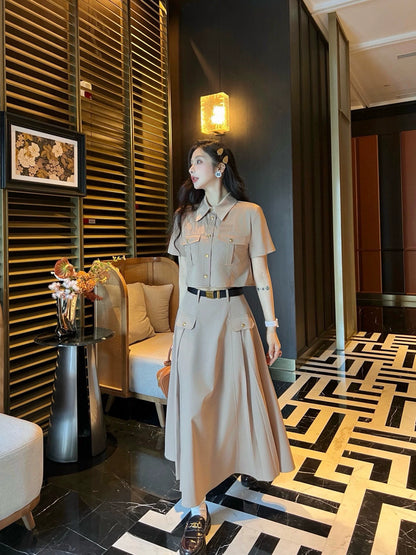 M 25 New Work Style Short Top + Skirt with Belt Set