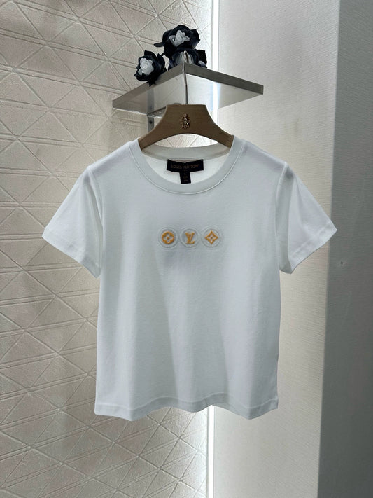 L 25 Embroidered Beaded Letter Round Neck Short Sleeve T-Shirt(white black brown)