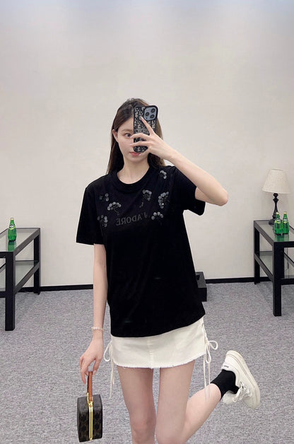 D 25 Heavy Duty Beaded Round Neck Short Sleeve T-Shirt (Black White Pink)