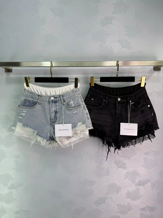 A 25 new ripped removable double waist head denim shorts