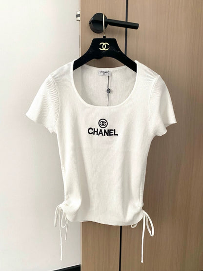 C 25 new embroidered letter drawstring U-neck short-sleeved knitted top
