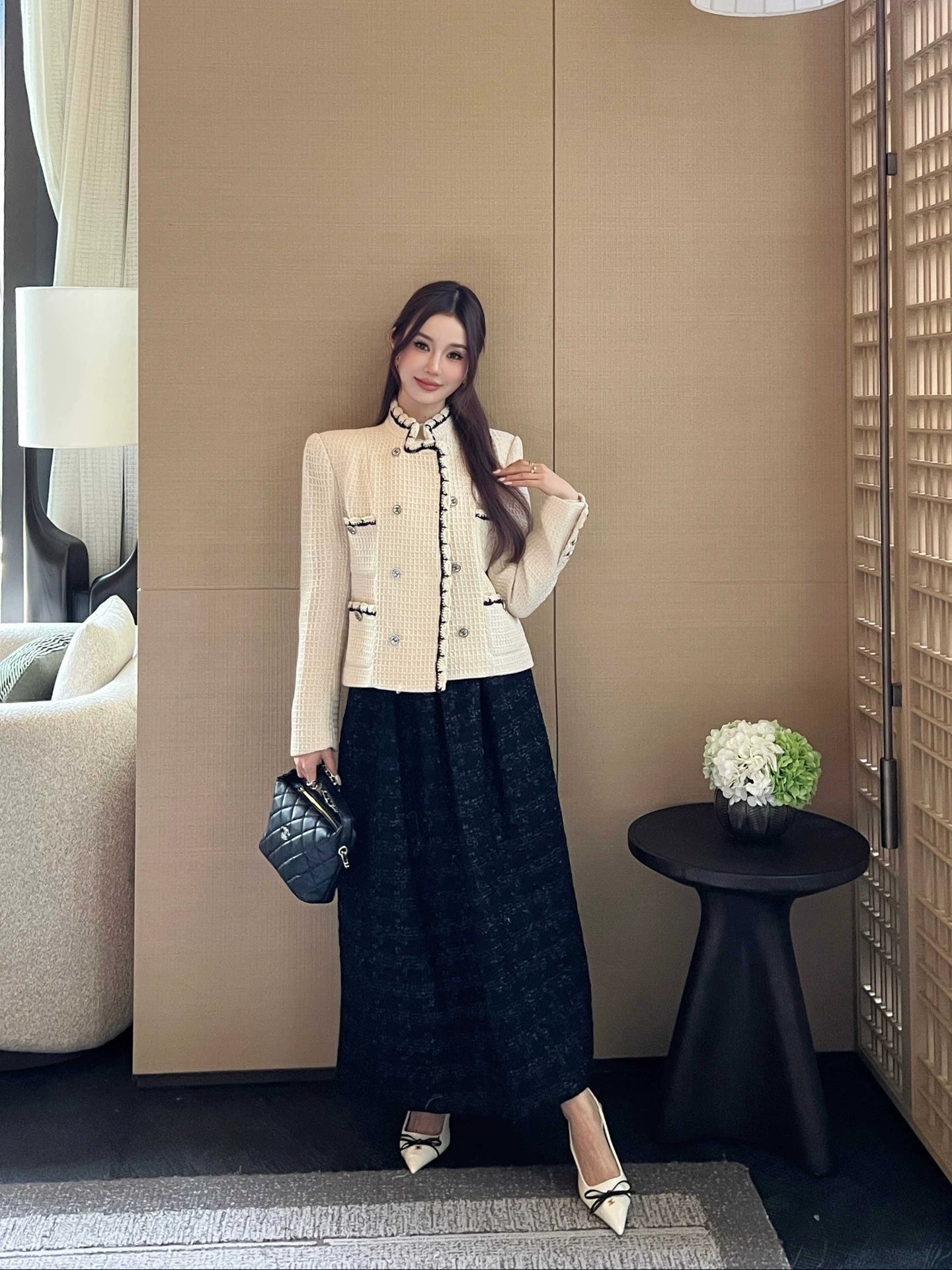 C 25 New double-breasted woven tape trim design stand collar jacket