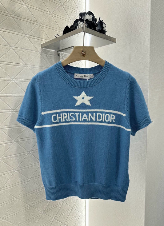 D 25 Star Knit Short Sleeve Top(Blue pink)