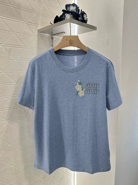 M 25 Round Neck Floral Beaded Short Sleeve T-Shirt