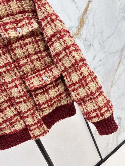 C 25 New fall/winter ski tweed plaid stand-collar down jacket