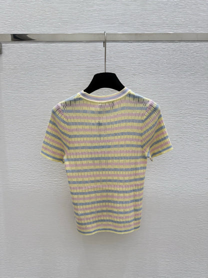 C 25 new color clashing striped round neck short sleeve knitting