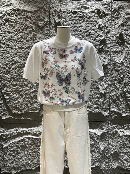 D 25 Butterfly Embroidery Short Sleeve Knit Top