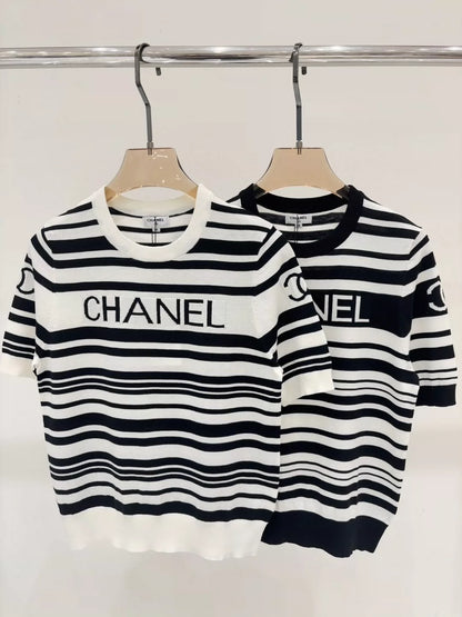 C 25 Summer New Black and White Striped Letter Logo Jacquard Knitted Short Sleeves