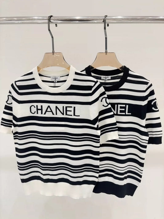 C 25 Summer New Black and White Striped Letter Logo Jacquard Knitted Short Sleeves