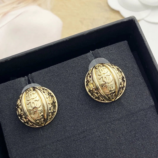 C 25 Vintage Metal Double C Half Ball Stud Earrings