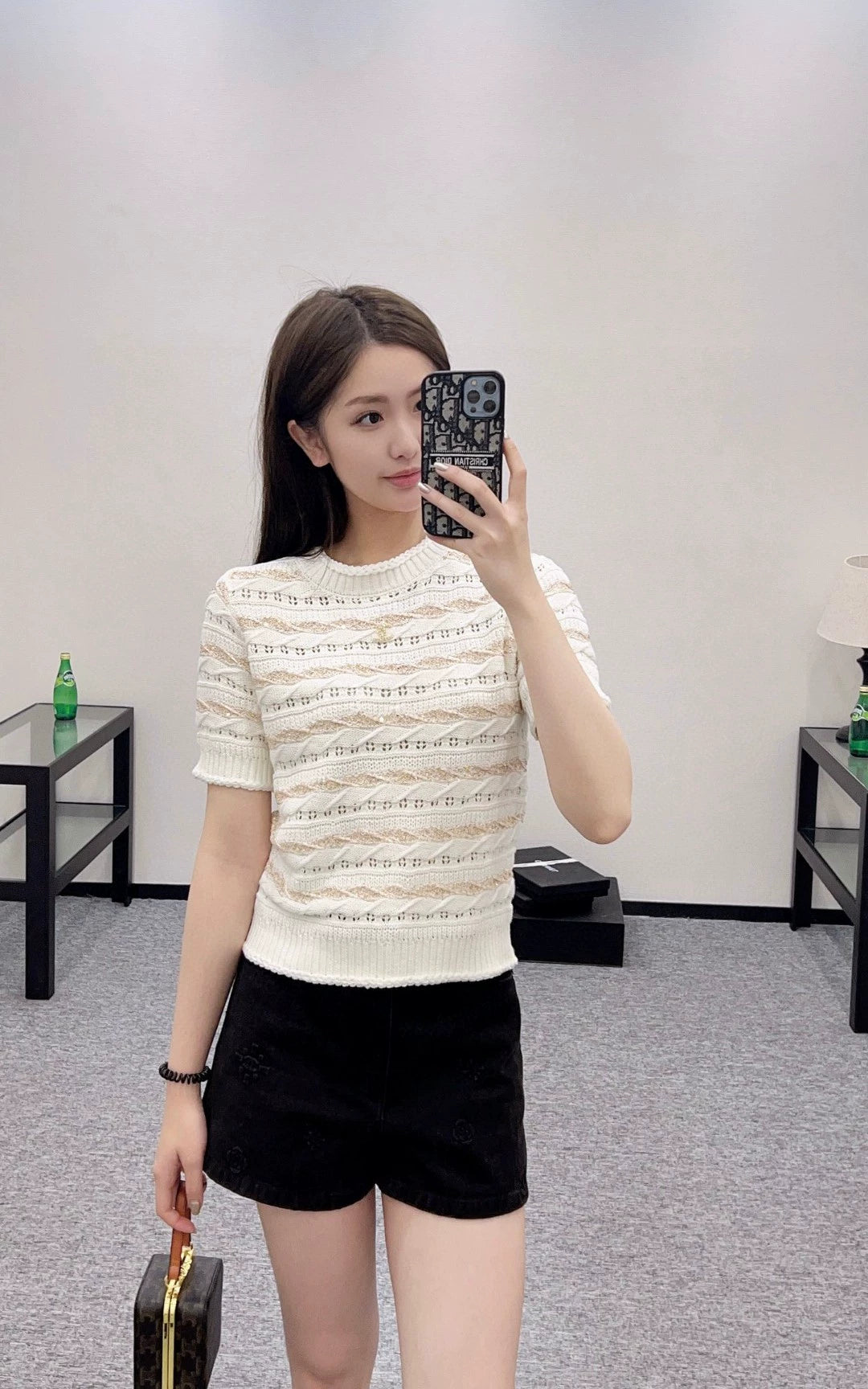 C 25 New Sequin Stripe Knit Short Sleeve Top