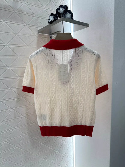 V 25 Spring/Summer Cherry Knit Lapel Short Sleeve Top