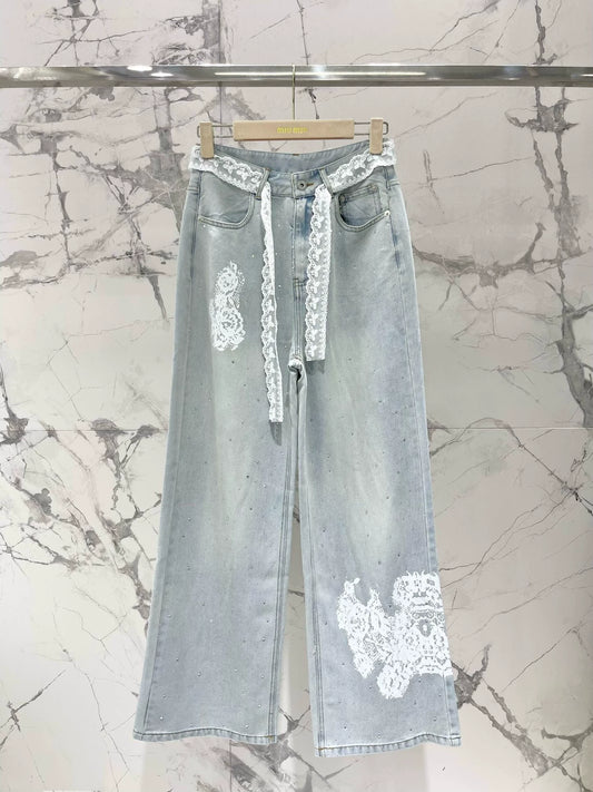 M 25 spring and summer new thin lace hot diamond straight jeans