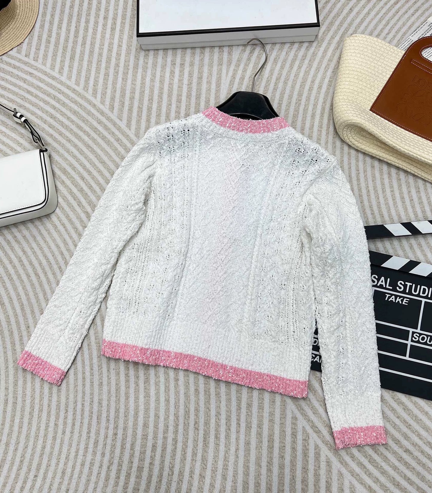C 24 spring and summer new hollowed out logo buttons knit cardigan