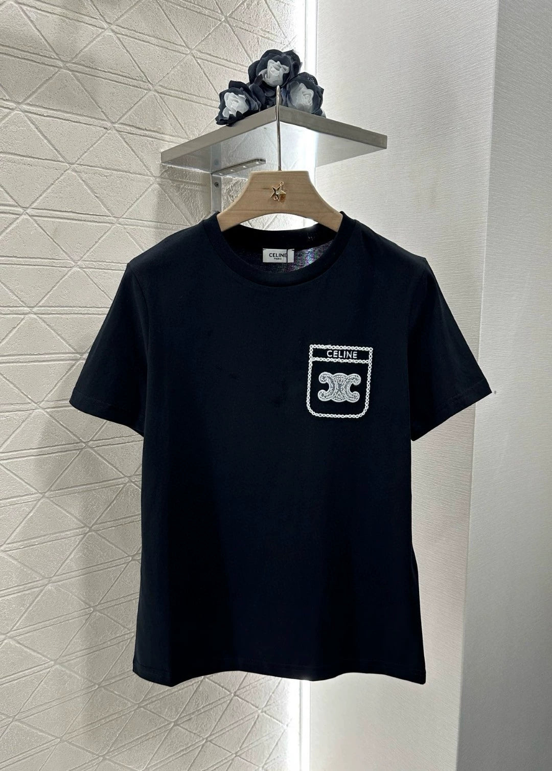 Ce 25 New Beaded embroidery letters round neck short sleeve T-shirt(pink black white)