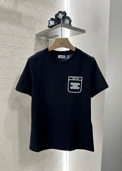 Ce 25 New Beaded embroidery letters round neck short sleeve T-shirt(pink black white)