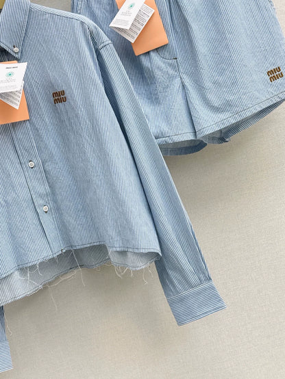 M 25 Hot Spring and Summer Latest Striped Denim Short Shirt + Striped Denim Shorts