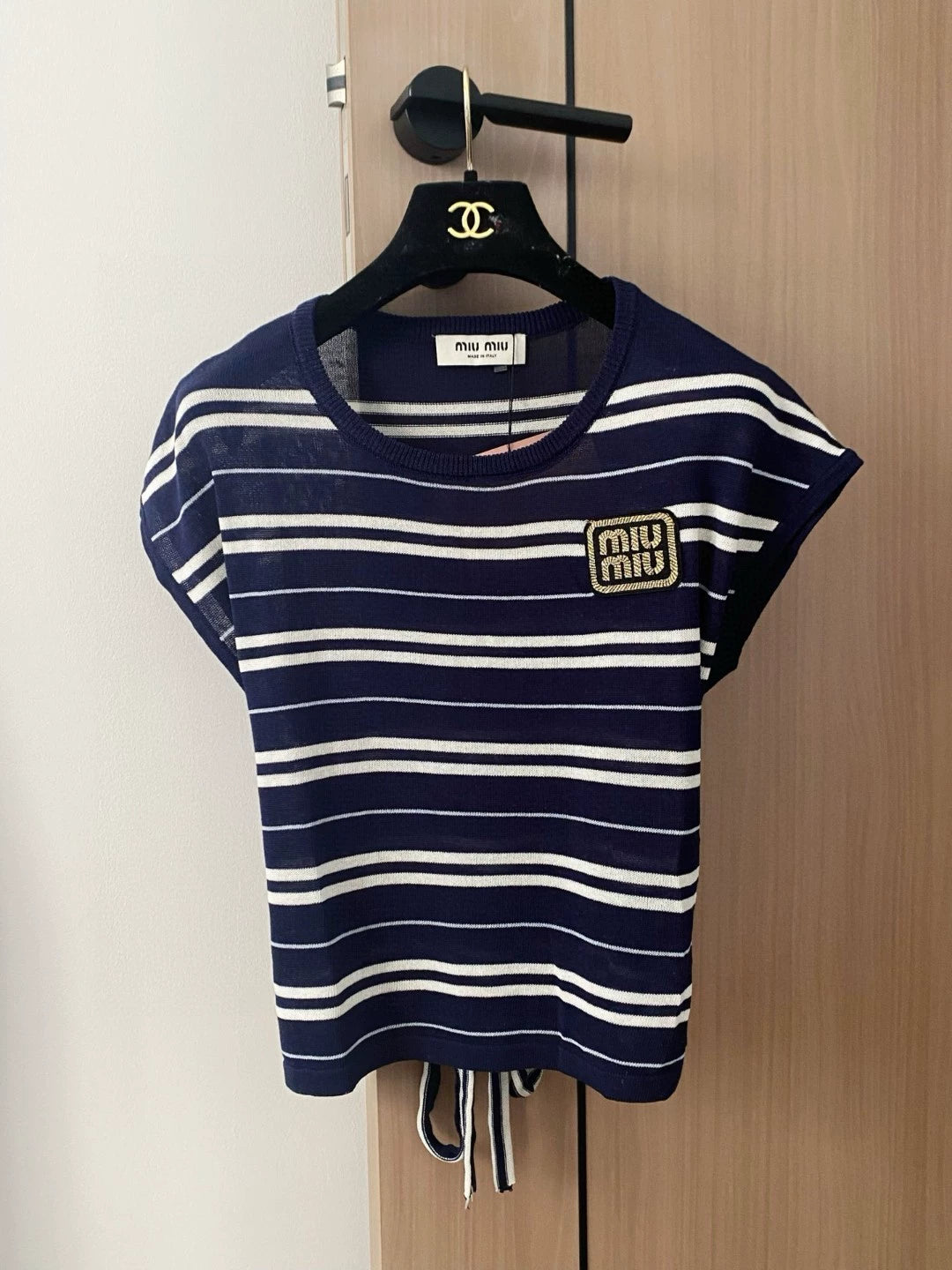 M 25 New Striped Tie Crew Neck Short Sleeve Knit