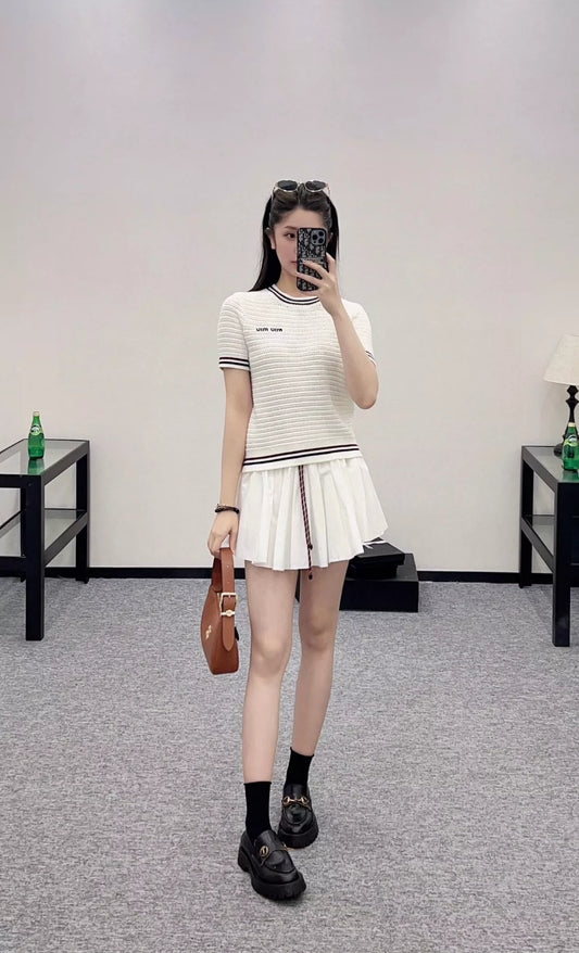 C 25 New Hollow Knit Round Neck Short Sleeve