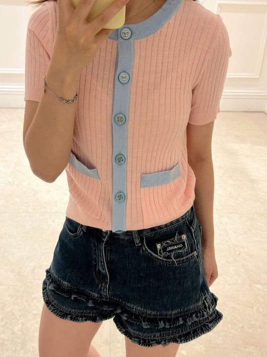 25 new summer vintage contrast color knitted cardigan