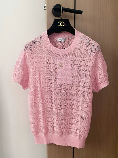 C 25 new hollow round neck short sleeve knitting