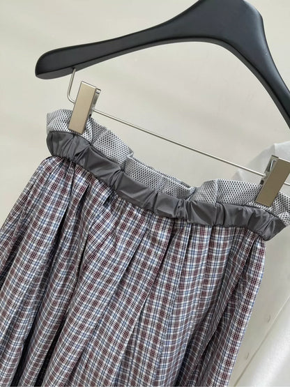 M 25 Summer new style mesh outer-turned dark red fine check mid-length skirt