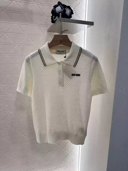 M 25 Hollow knitted lapel short-sleeved top!