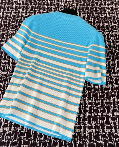 V 25 Nouveau haut en tricot à manches courtes et col rond avec boutons métalliques et rayures (bleu marine, bleu) 