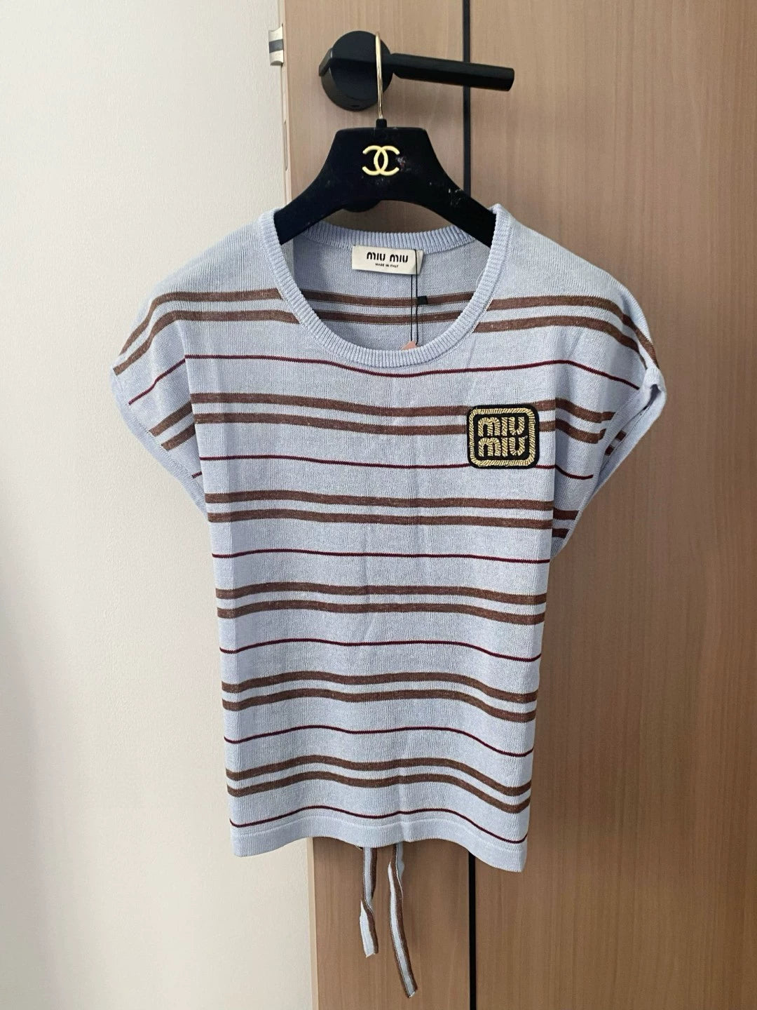M 25 New Striped Tie Crew Neck Short Sleeve Knit