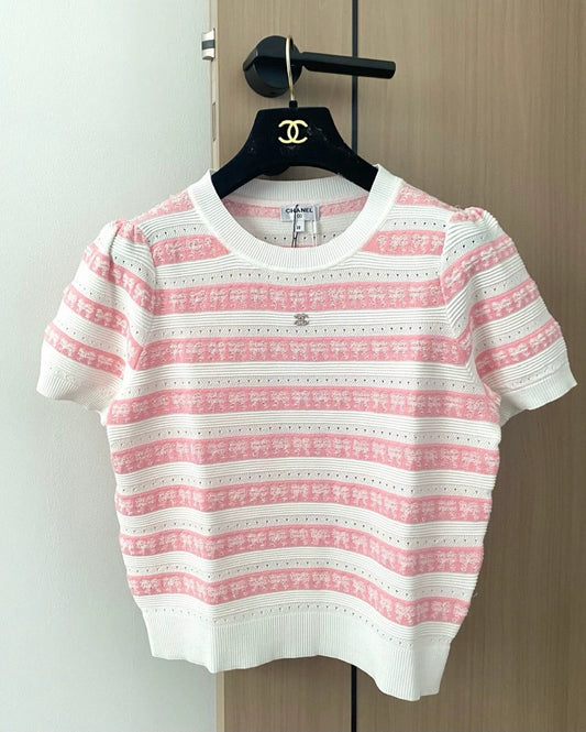 C 25 new striped bow round neck short sleeve knit