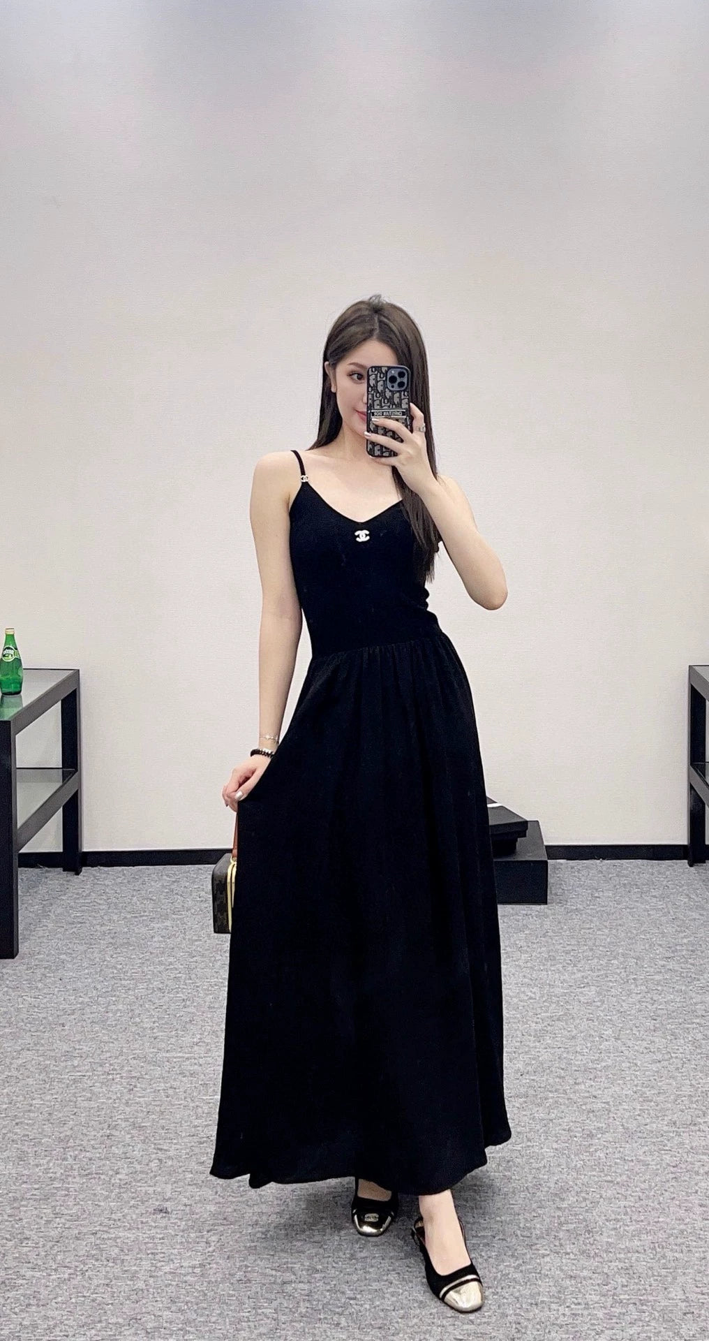 C 25 Knit Patchwork Sling Dress(White black)