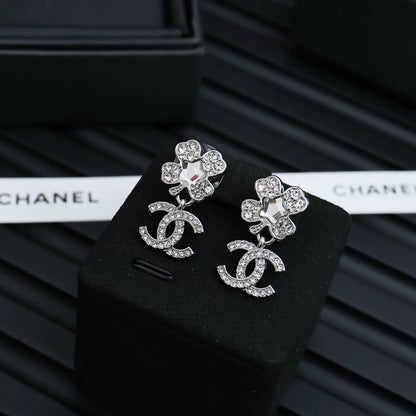 25 New Crystal Star Full Diamond Four-Leaf Clover Double C Pendant Earrings