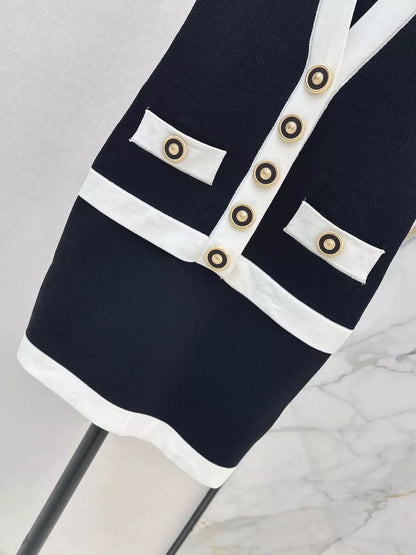 Ba 25 New color clashing buttons waisted knit dress
