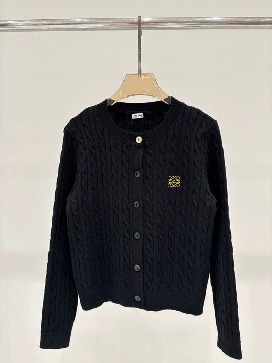 LO 25 new twist embroidery pattern contrast color metal button long sleeve knitted cardigan