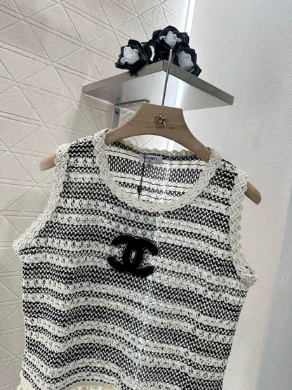 C 25 Striped Knit Tassel Lace Vest