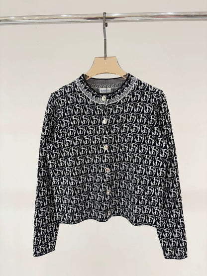 Bu 25 early spring new round neck letter logo jacquard full print knit cardigan