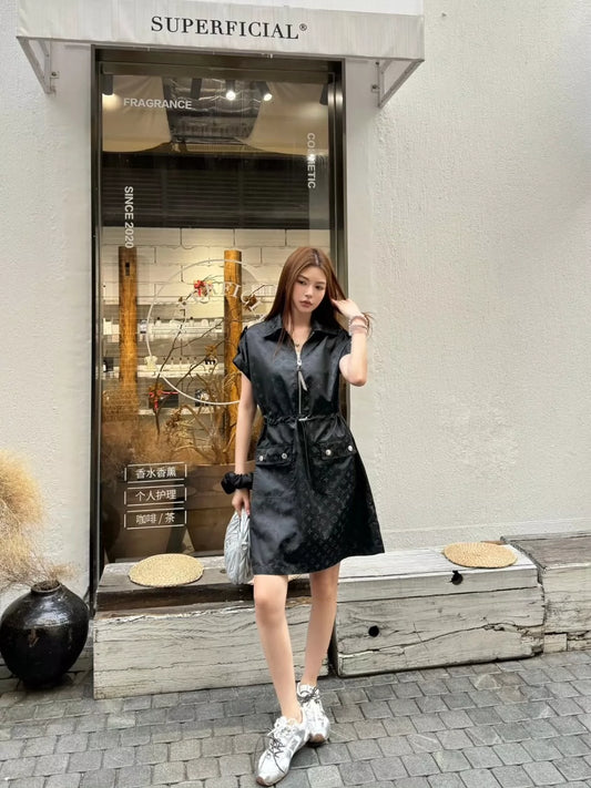 L 25 Spring/Summer Short Sleeve Jacquard Drawstring Dress