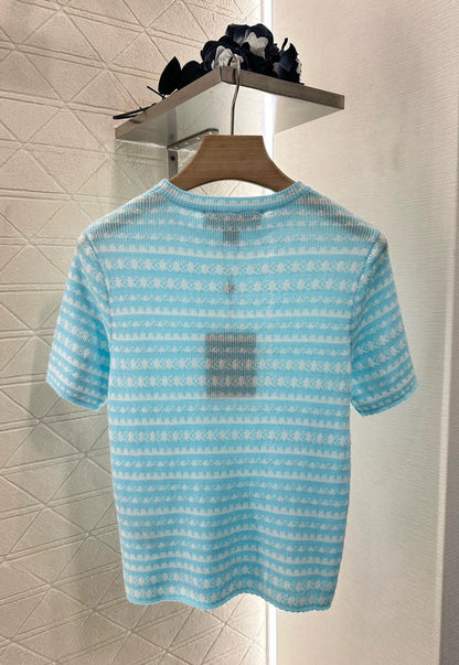 L 25  Striped Crew Neck Knit Short Sleeve Top