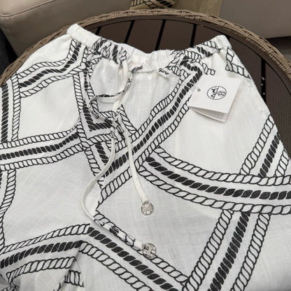 H 25 Summer Vintage Chain Print Linen Loose Trousers